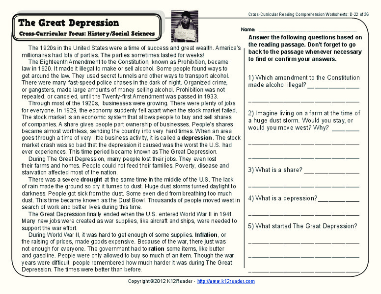 The great depression worksheet answers