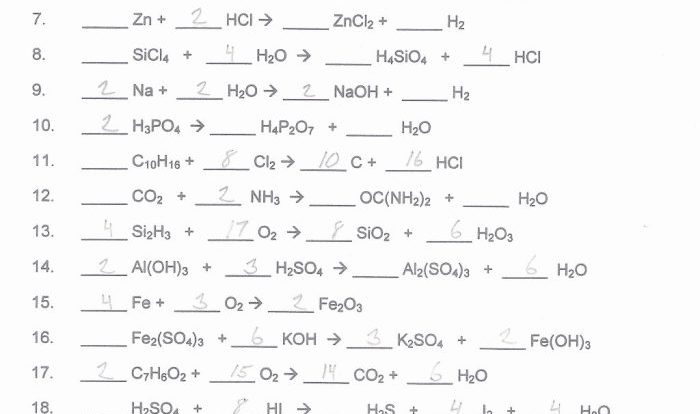 Chapter 7 worksheet #1 balancing chemical equations